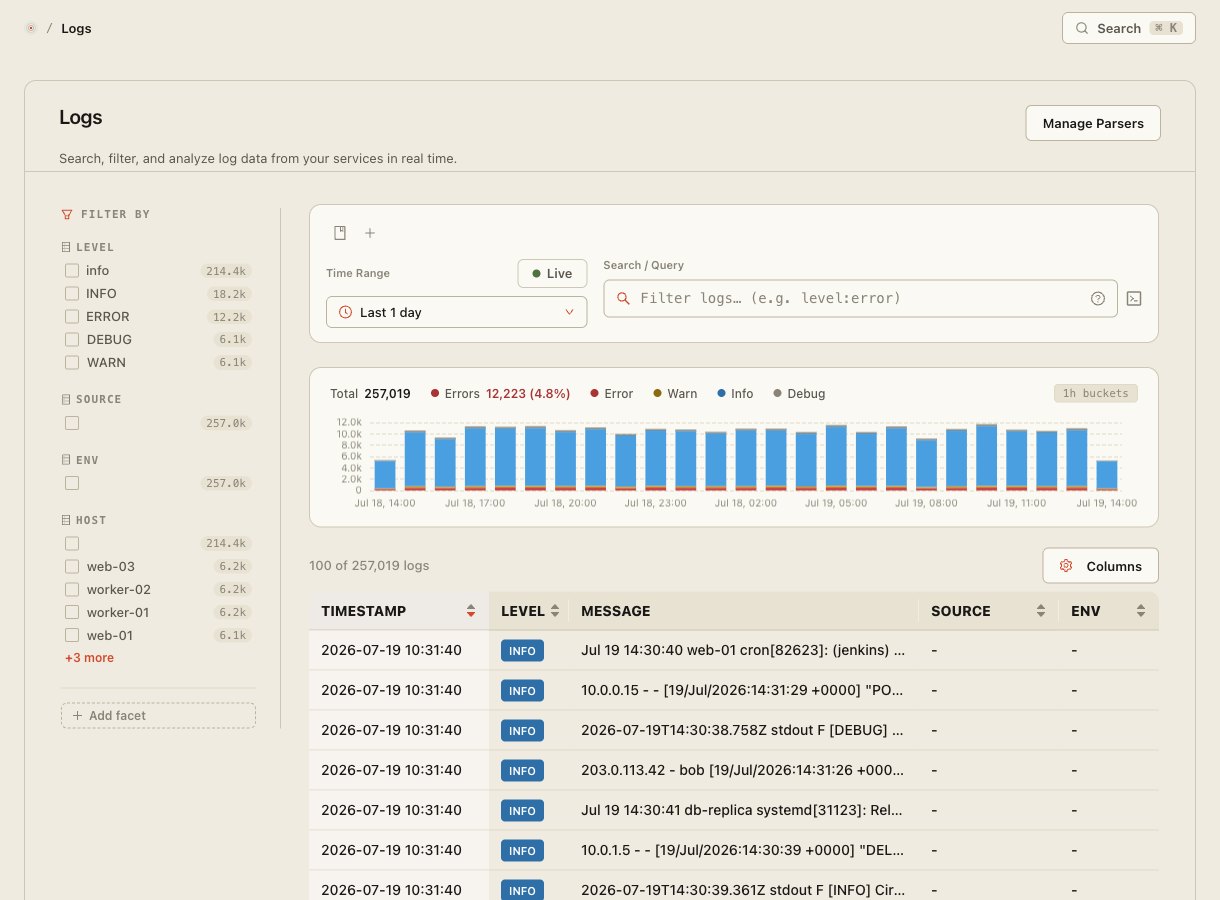 Site Qwality logs explorer with live timeline, level facets, and structured log rows
